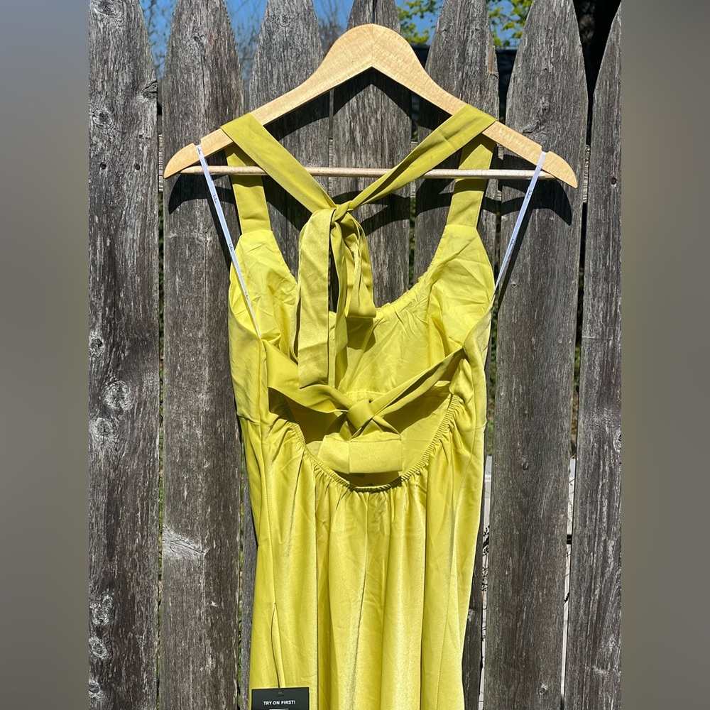 Lulus Certainly Glorious Chartreuse Satin Backless Midi Slip Dress NWT - Picture 7 of 11